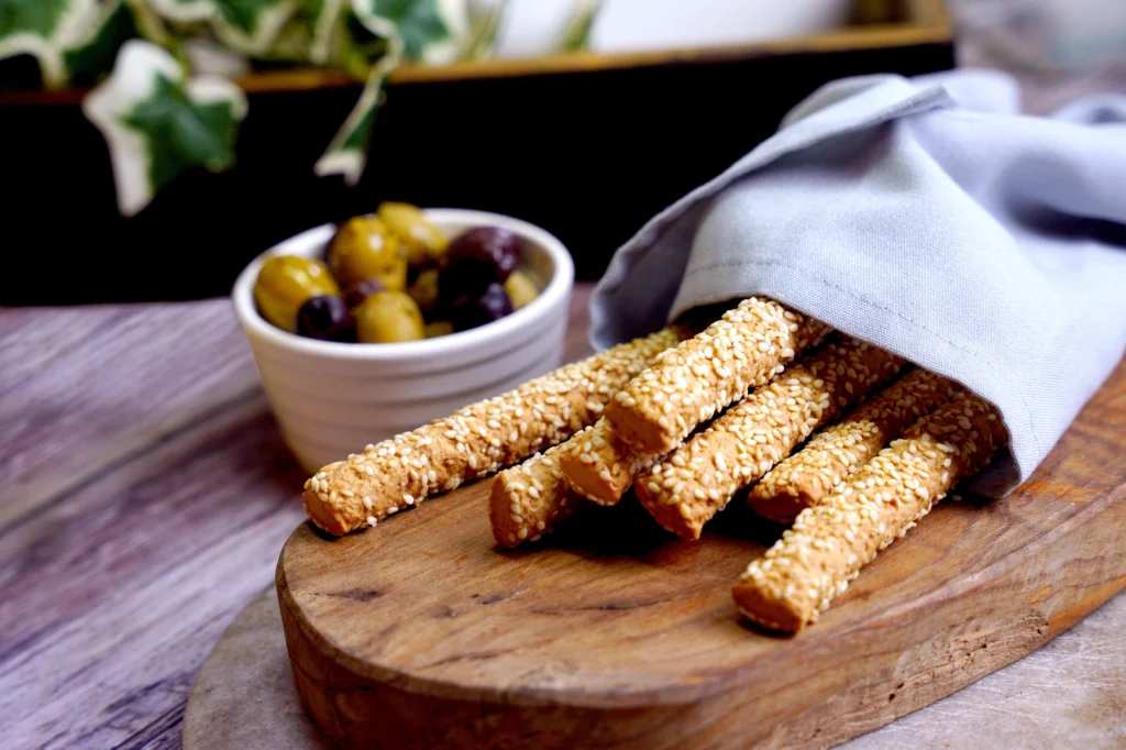 Ormos Foodhall sesame breadsticks and olives