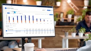 Business Central manufacturing performance report on a desktop screen