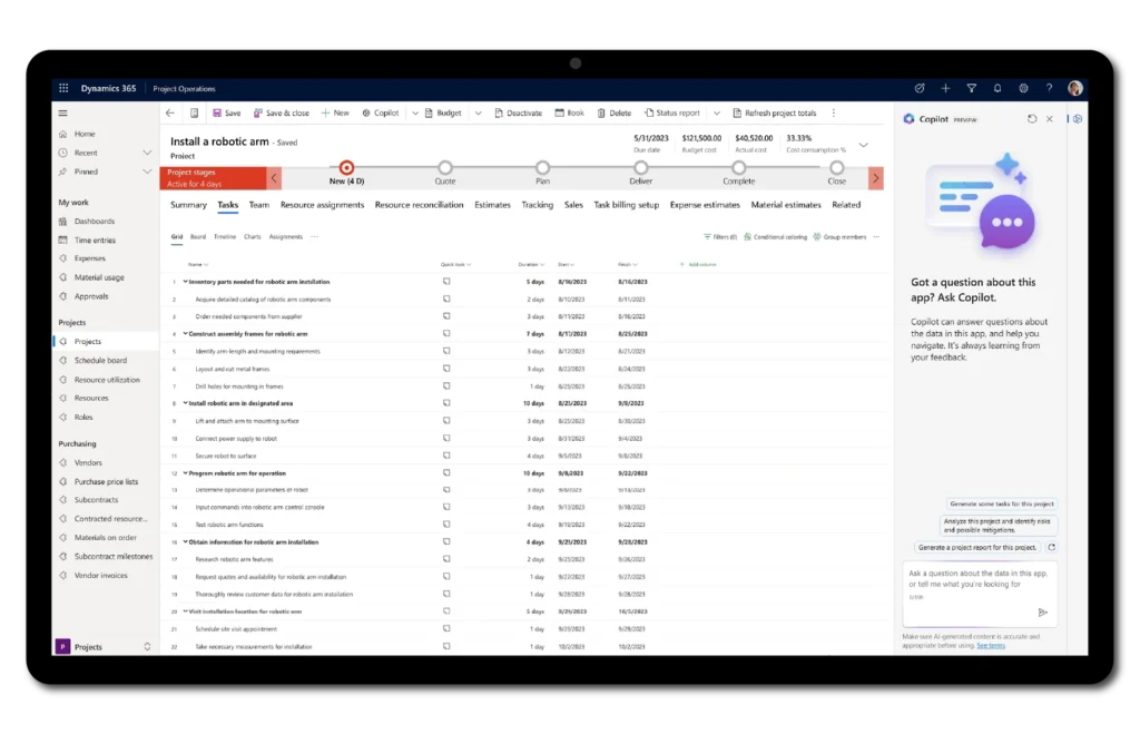 Business Central project operations dashboard for manufacturers