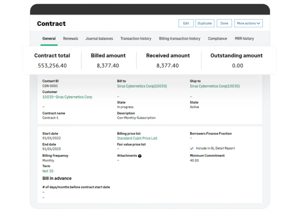 Sage Intacct contract billing and revenue management screen